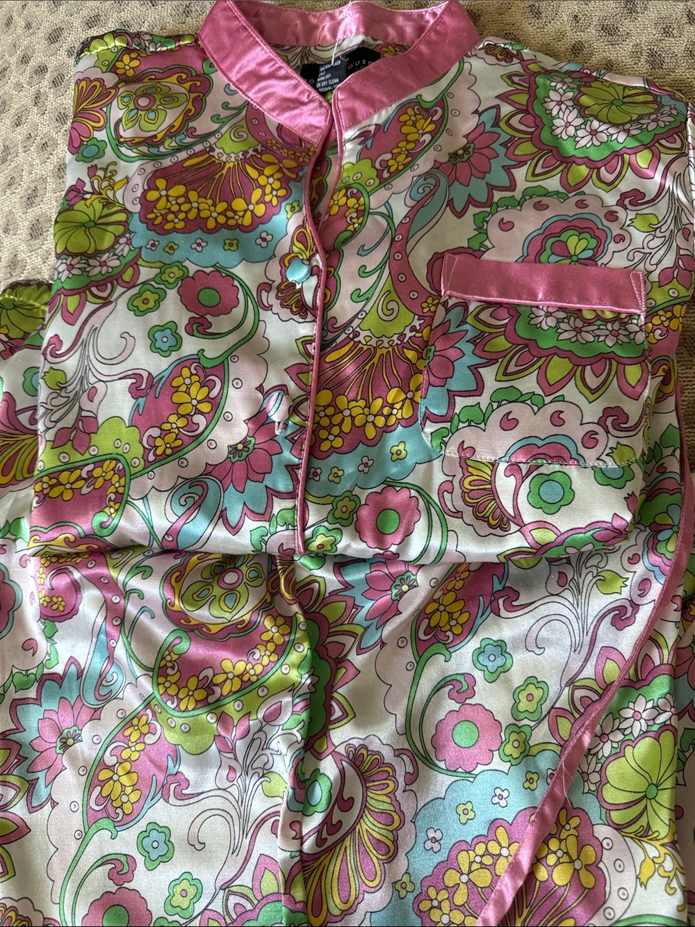 Robert Louis Pink Green Floral Satin Pajama Top with Turquoise Accents
